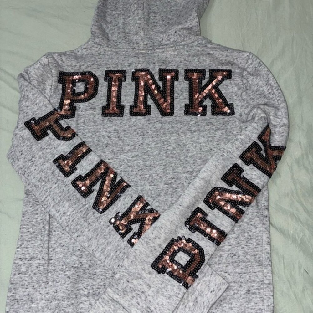Victoria's Secret Gray Hoodie with Pink Sequin Letters